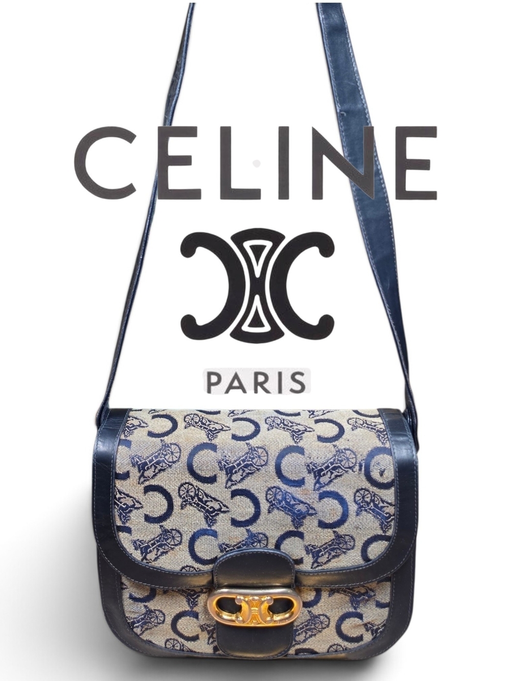 Vtg. CELINE C Sulky Horse & Carriage Jacquard Navy Canvas Purse (Retail $1500+) - Picture 1 of 17